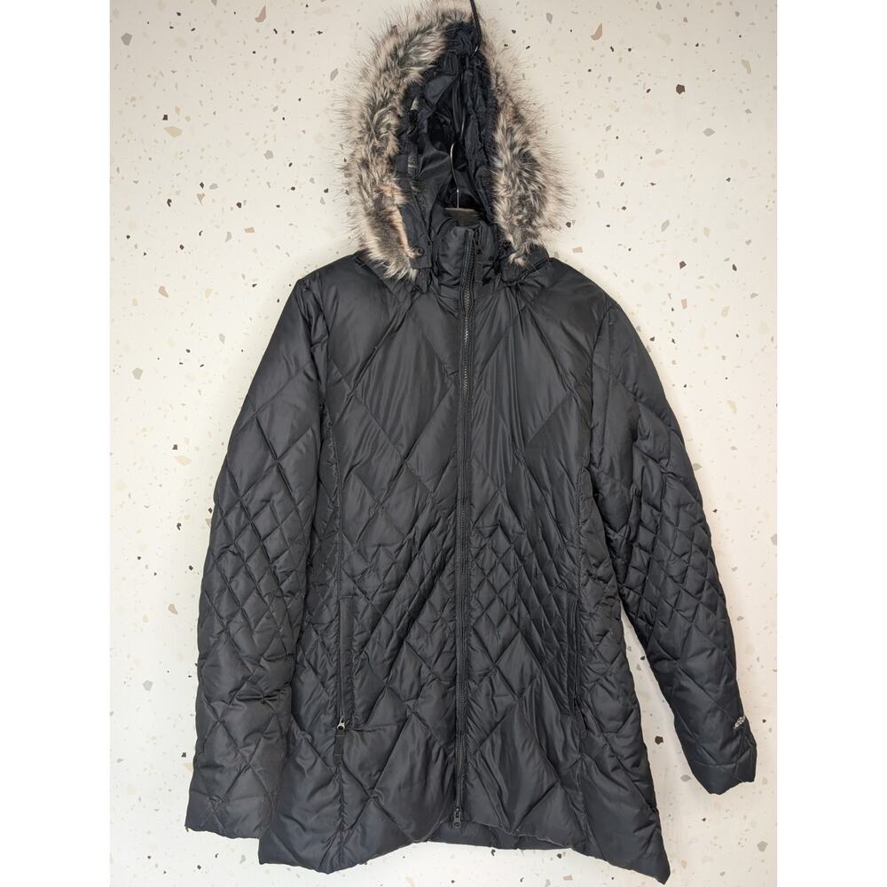 Eddie Bauer Down Jacket Black Long Quilted Parka Removable Hood Large